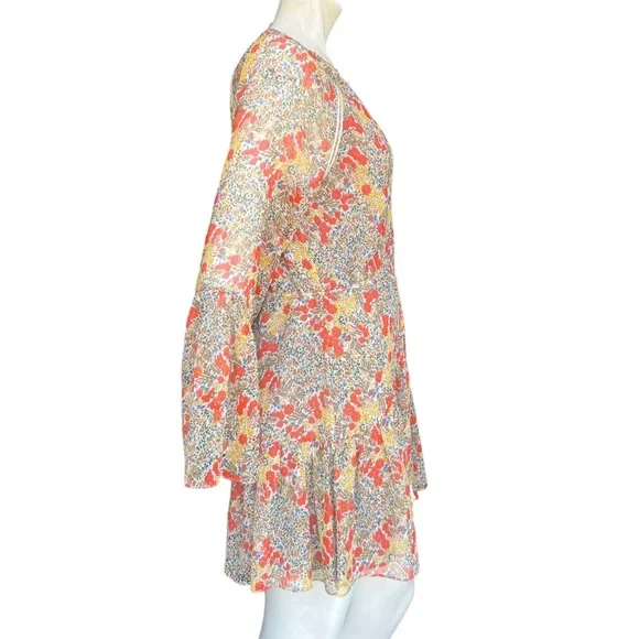 Alexis Floral Flowy Mini Babydoll Dress with Bell Sleeves and Tassels Size XS - Picture 3 of 14
